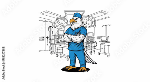 Anthropomorphic eagle surgeon in blue scrubs stands proudly in an operating room