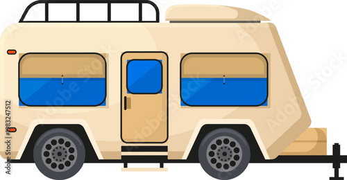 Camper trailer illustration showing a portable home for vacation and road trips