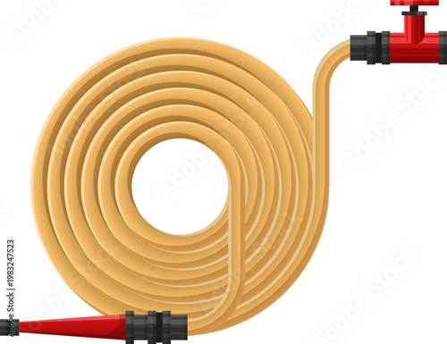 Coiled garden hose with nozzle and valve flat illustration