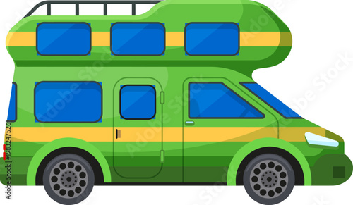 Green camper van side view promoting road trip adventures and mobile living