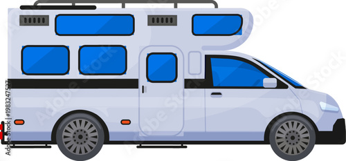 White camper van equipped for road trips and vacations on an isolated background