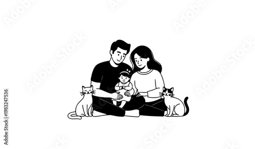 Happy family with baby girl and cats black and white vector illustration parents and child bonding lovely home moment