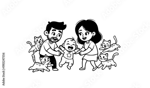 Cute cartoon family with baby girl and cats playful black and white vector illustration happy parenting scene