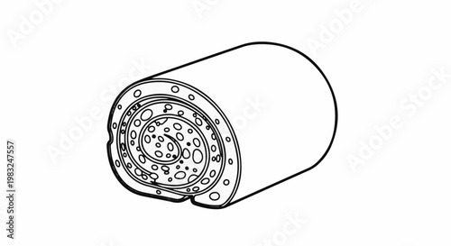 An isometric line drawing shows a cylindrical object with a spiraled, perforated inner structure