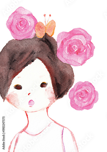 バラの花と少女の水彩イラスト