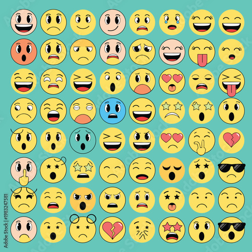Set of Cartoon Emojis with Various Facial Expressions