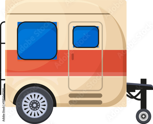 Beige caravan with red stripe and blue windows, depicting road trips
