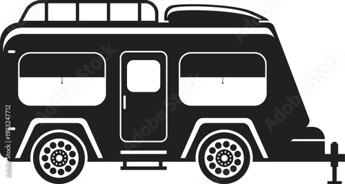 Recreational vehicle side view depicting road trip, vacation, and nomadic lifestyle