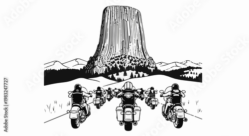 Bikers ride towards a monumental rock formation under a vast landscape