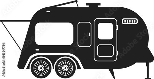 Black silhouette of a vintage style travel trailer for road trips and vacations