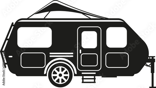 Travel trailer icon on white background, symbolizing camping, vacation, and outdoor recreation