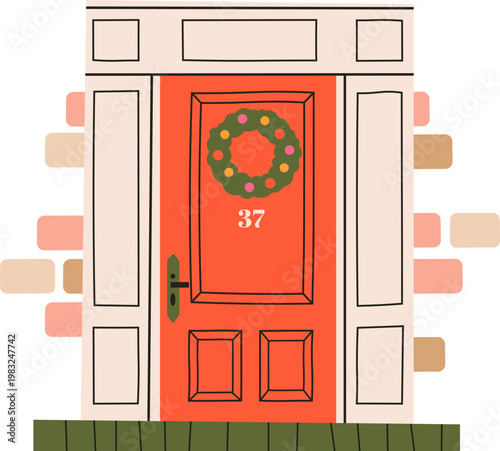 Red front door illustrating a cozy home entrance with a holiday wreath and house address
