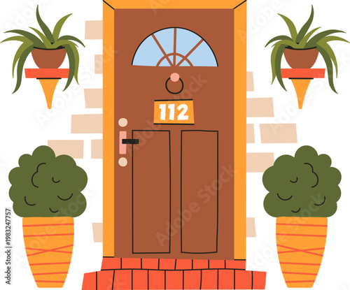 Brown wooden residential door with potted plants and brick steps welcoming visitors
