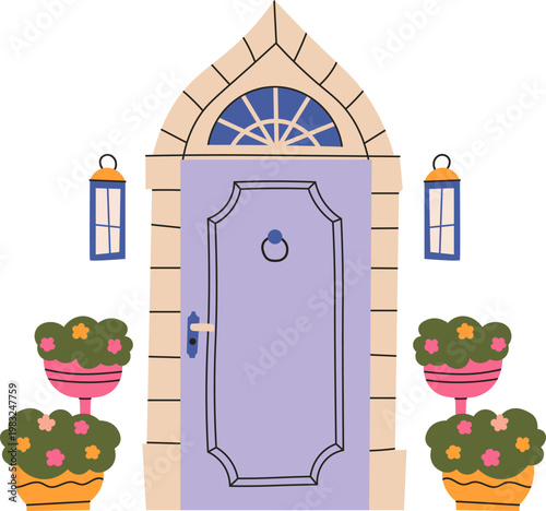Charming purple door with decorative stone arch, lanterns, and potted topiary plants