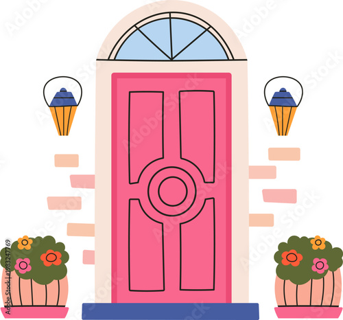 Front door of a dwelling decorated with lanterns and potted flowers, offering a cheerful welcome