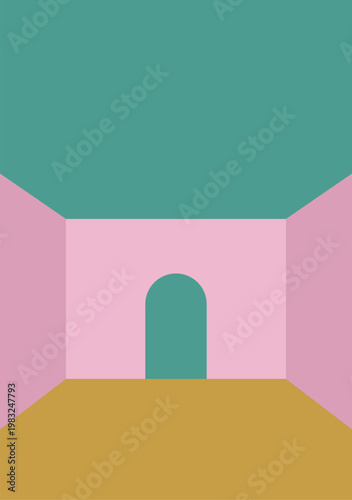 Empty geometric room with a colorful arched doorway for modern design