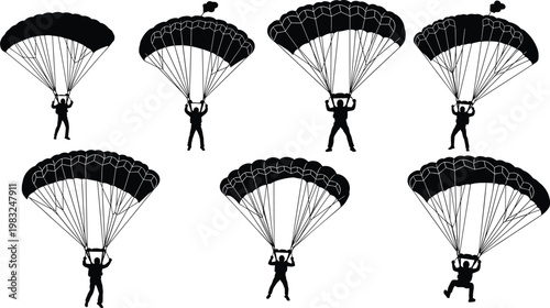 Silhouette illustrations of parachutists descending with open parachutes, showcasing skydiving, aerial sport, and dynamic human motion design