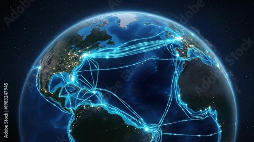 A conceptual image of global communication networks, a photorealistic rendering of Earth from low orbit with visible submarine fiber optic cable routes shown as luminous lines