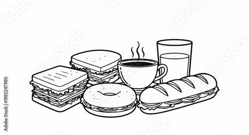 Assortment of sandwiches, a bagel, coffee, and a glass of milk