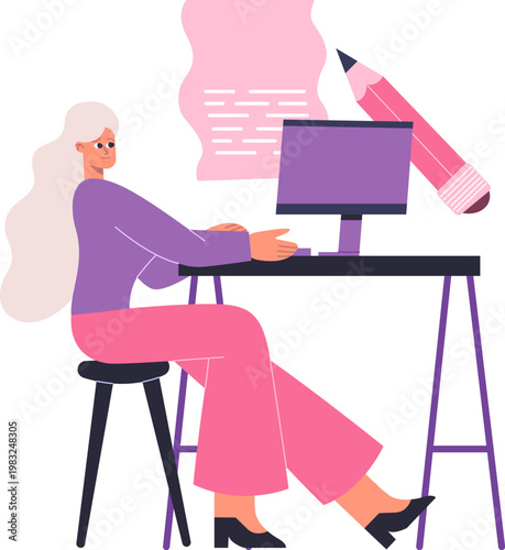 Woman typing on computer, writing digital content with a large pencil symbolizing creativity