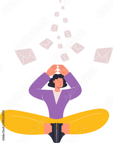 Woman meditating trying to find balance from numerous falling email messages and notifications