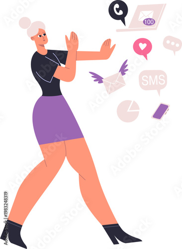 Female character setting boundaries, blocking social media and internet overload for digital detox