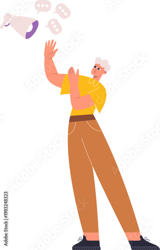 Person raising hands, avoiding loud megaphone and incoming speech bubbles