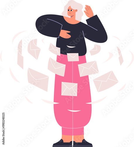 Woman experiencing communication overload and stress from many incoming messages