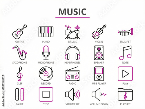 Complete collection of twenty pink and black minimalist music line icons featuring instruments and audio playback controls