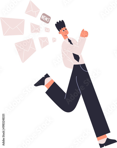 Stressed businessman running away from a flood of incoming email messages and news