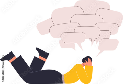 Person lying down, hands covering head while being overwhelmed by speech bubbles