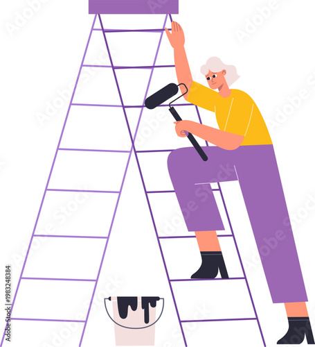 Woman standing on ladder painting wall with roller and paint bucket