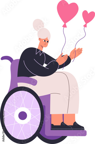 Senior woman in wheelchair holding heart shaped balloons representing love and care for the elderly