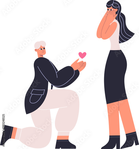 Man kneeling presenting a heart to a surprised woman representing love and proposal