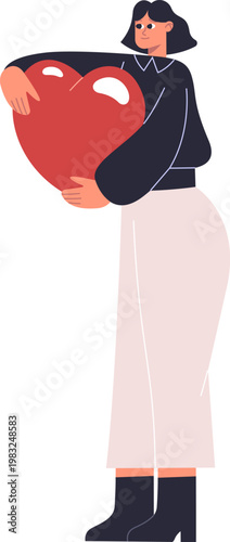 Woman embracing a big red heart, representing affection, charity, and connection