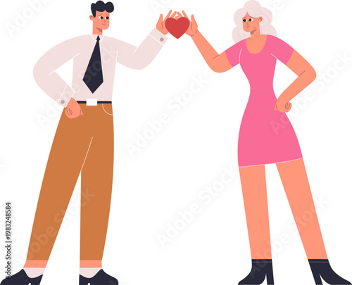 Man and woman exchanging a red heart, representing care and mutual affection