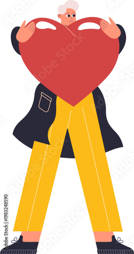 Person standing and holding a large red heart, symbolizing love and care