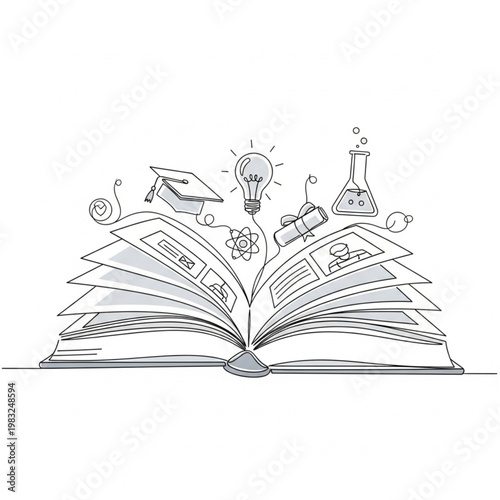 Open Book with Flying Objects and Ideas.