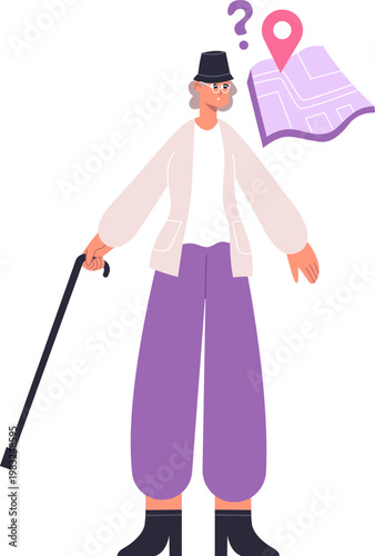 Elderly woman with walking stick looking confused while searching for direction on a map