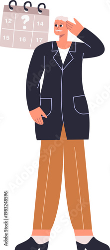 Senior man with memory issues scratching head, looking confused at calendar with question mark