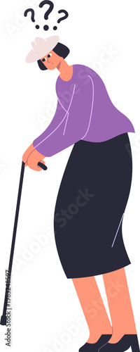 Elderly woman holding a cane with question marks above her head, symbolizing memory issues