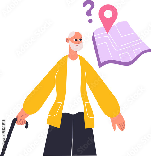 Senior man feeling confused and lost, having trouble remembering his way while traveling