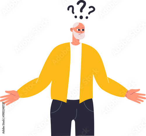 Confused senior man shrugging, having questions above his head