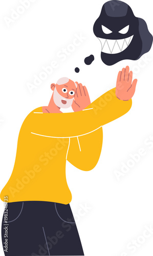 Elderly man hearing anxious thoughts while trying to stop negative influences