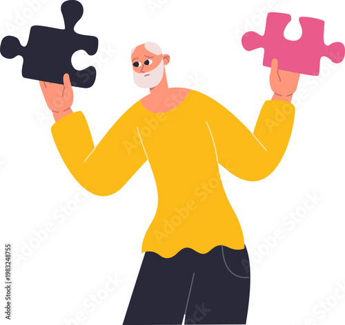 Senior man holds two different puzzle pieces, representing problems and solutions