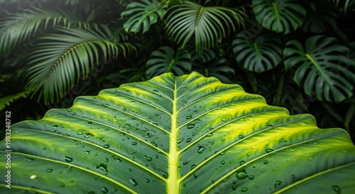 Close-up of a vibrant green elephant ear leaf with yellow variegation and water droplets.