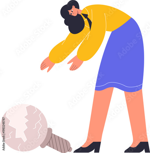 Businesswoman looking at a broken light bulb representing a failed idea or innovation