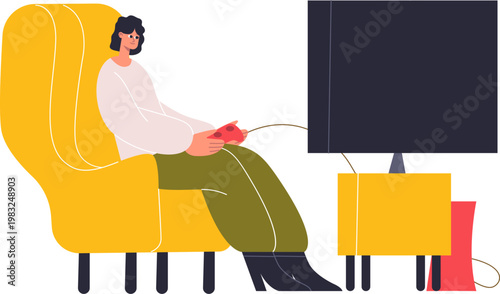 Person sitting in armchair, relaxing and playing video games on TV with a controller