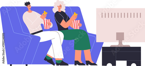 Couple relaxing on a couch, enjoying popcorn while watching television at home
