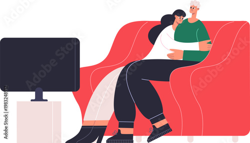 Loving couple relaxing on a red sofa, hugging and watching a television screen at home